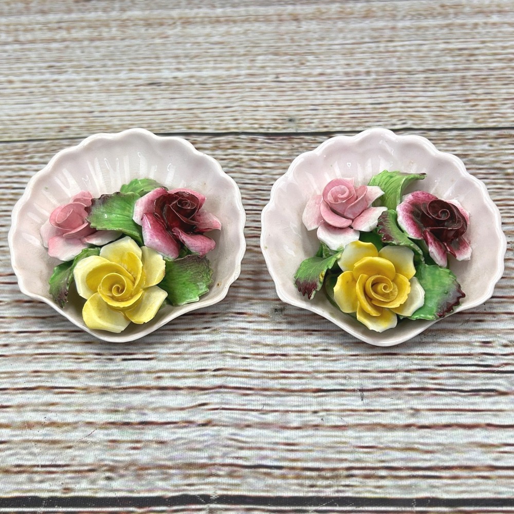 Denton China England Bone China Rose Floral Shell Figurines Set of 2 Pink Yellow